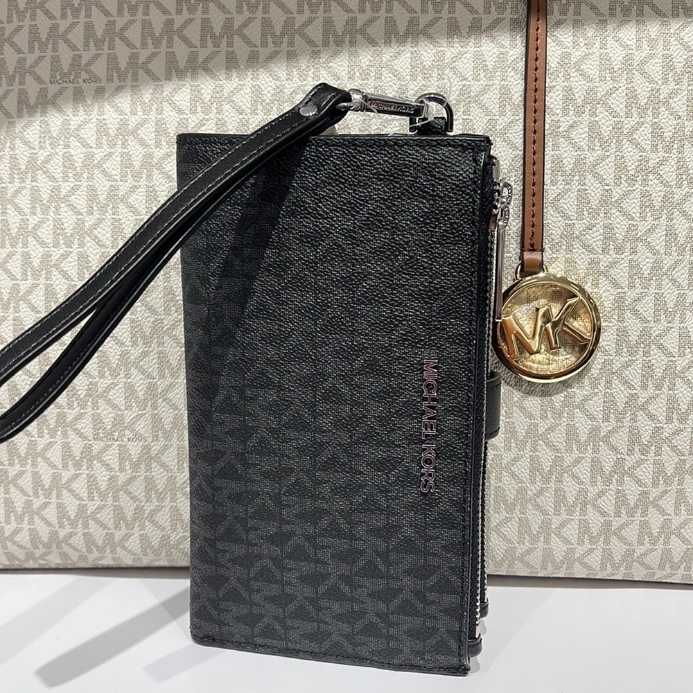 MICHAEL KORS LARGE DOUBLE ZIP WRISTLET PHONEHOLDER WALLET CLUTCH 
BLACK SIGNATUR